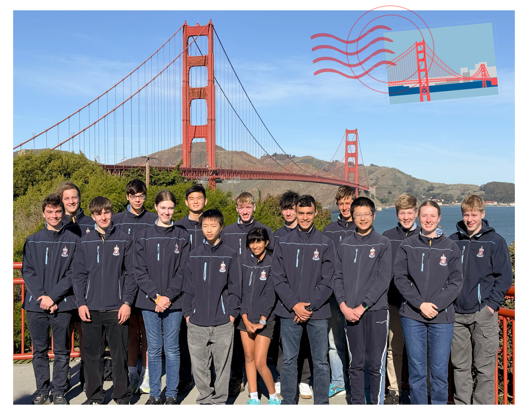 A group of Canberra Grammar School students stand on a headland with the San Francisco Golden Gate Bridge in the background.